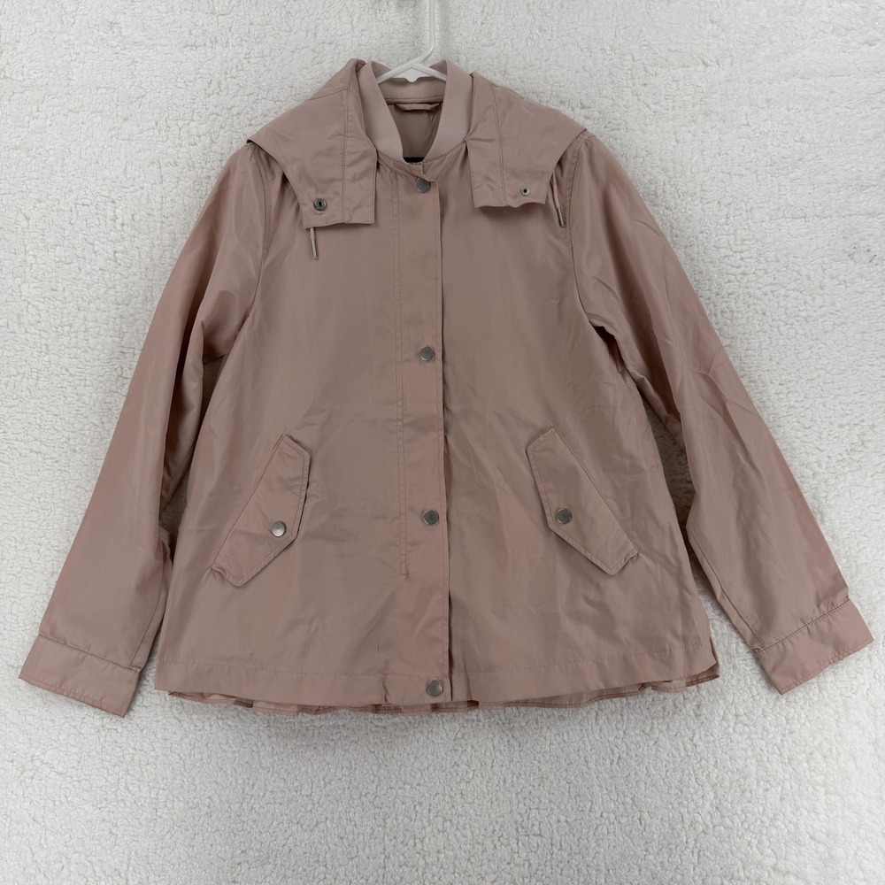 Zara Basic Jacket Womens XS Pink Hooded Pleated Hem Snap Front Lightweight‎